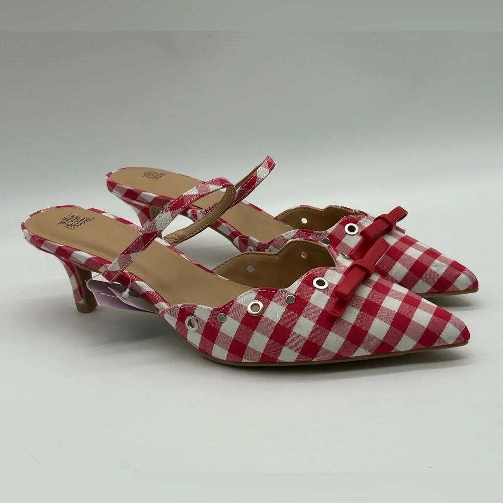 Wild Fable Red Gingham Pointed Toe Mules Size 11 Bow Kitten Heel New With Tags - Picture 4 of 10